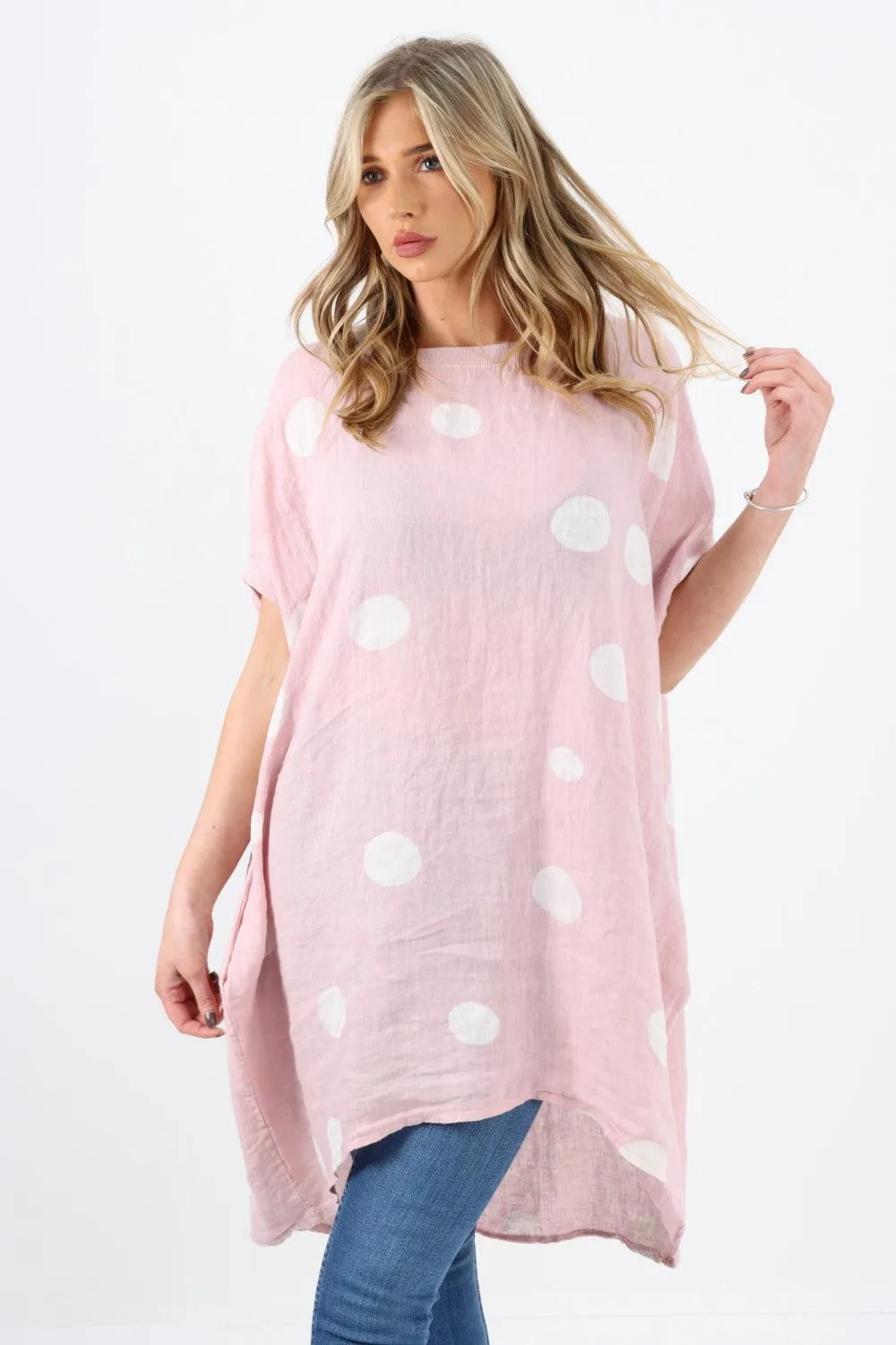 Made In Italy Linen Polka Dot Tunic Top