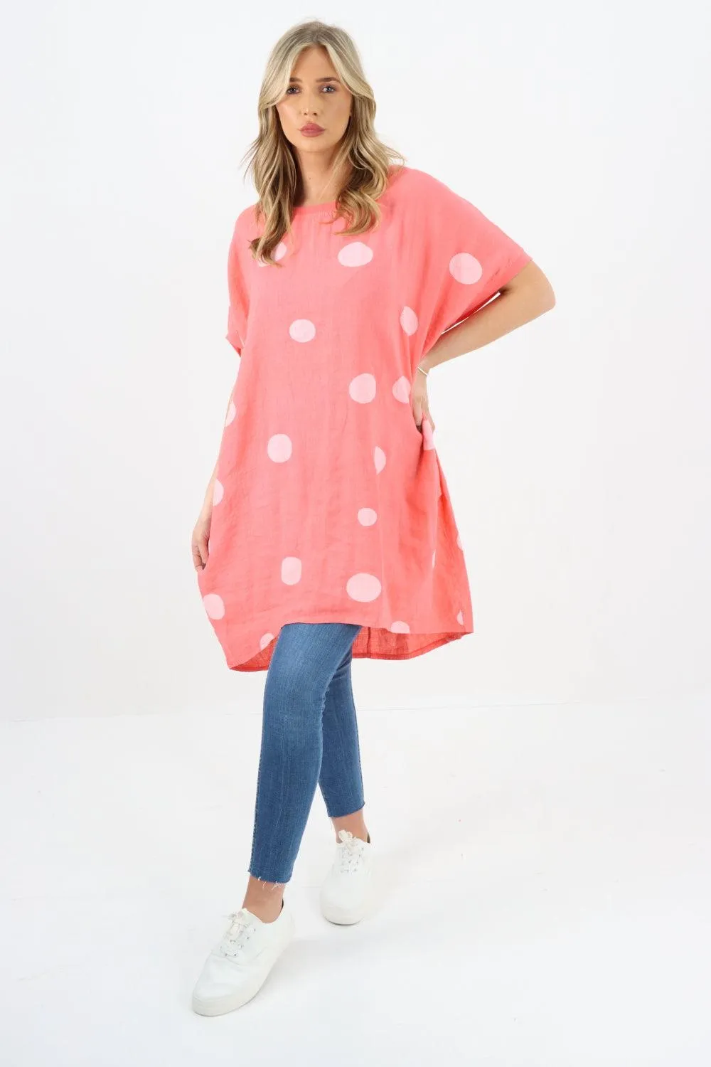 Made In Italy Linen Polka Dot Tunic Top