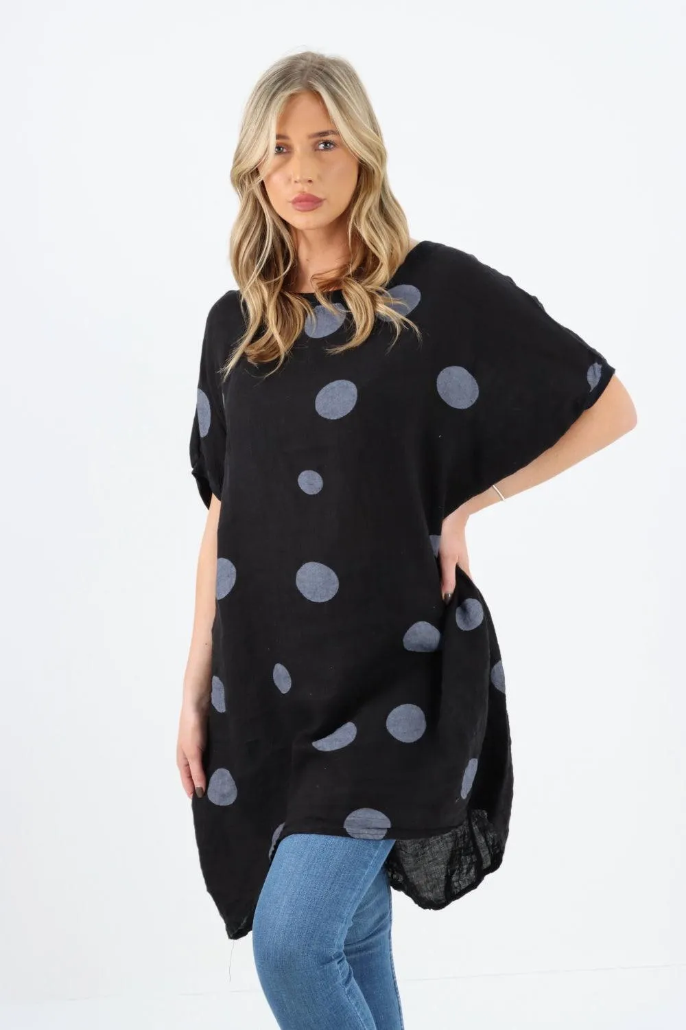 Made In Italy Linen Polka Dot Tunic Top