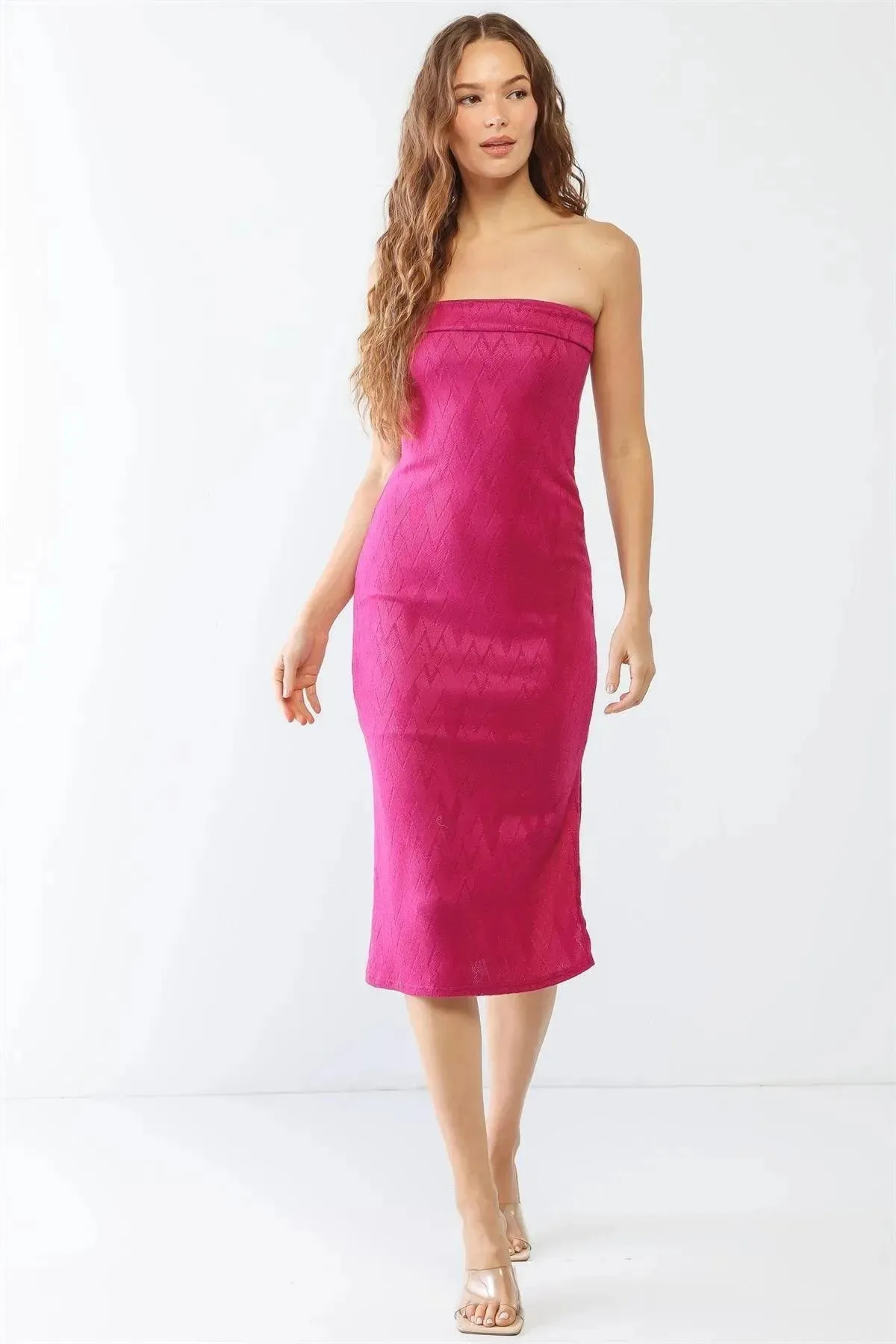 Magenta Geo Print Strapless Slit Midi Dress