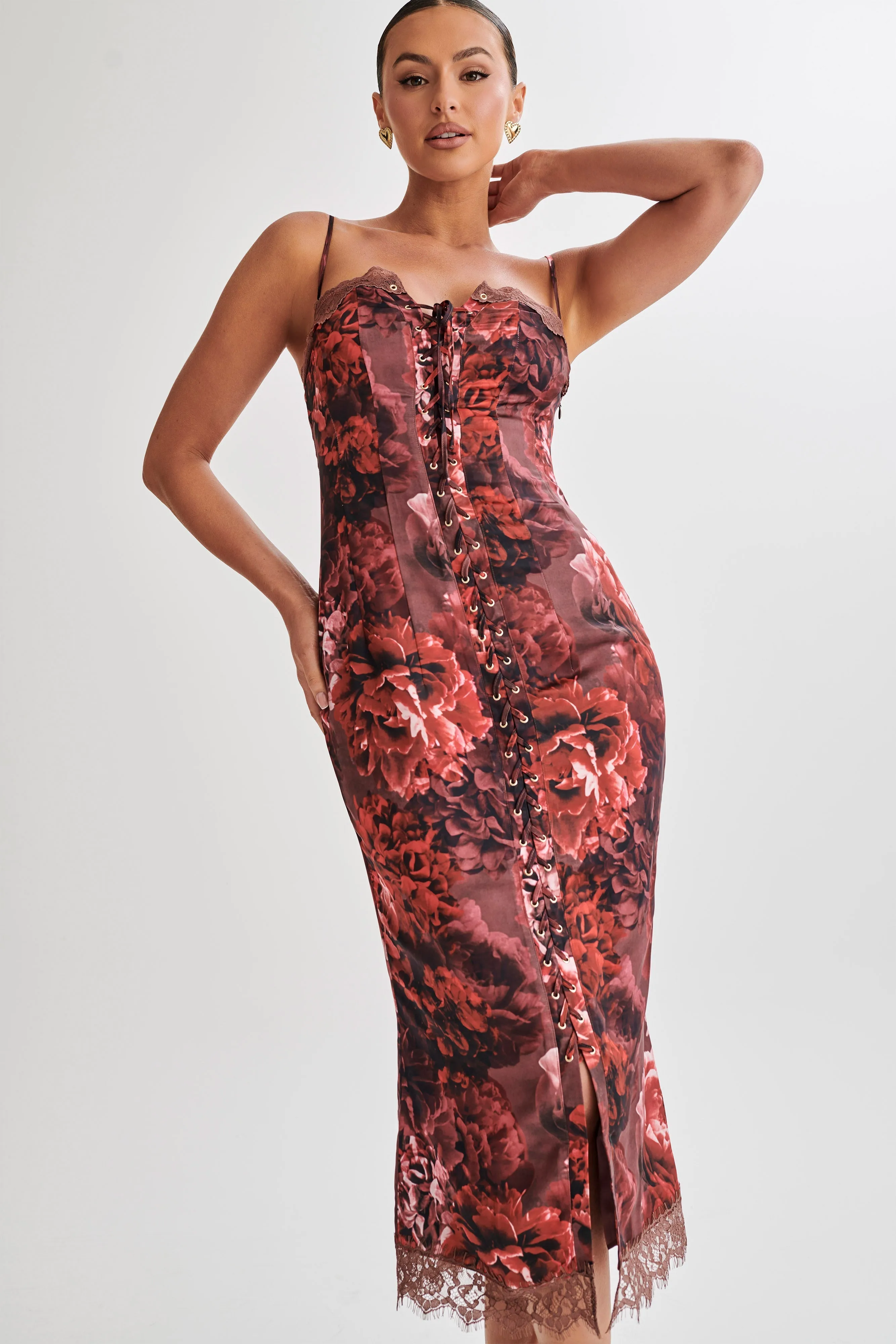 Makayla Midi Dress With Lace - Peony Print