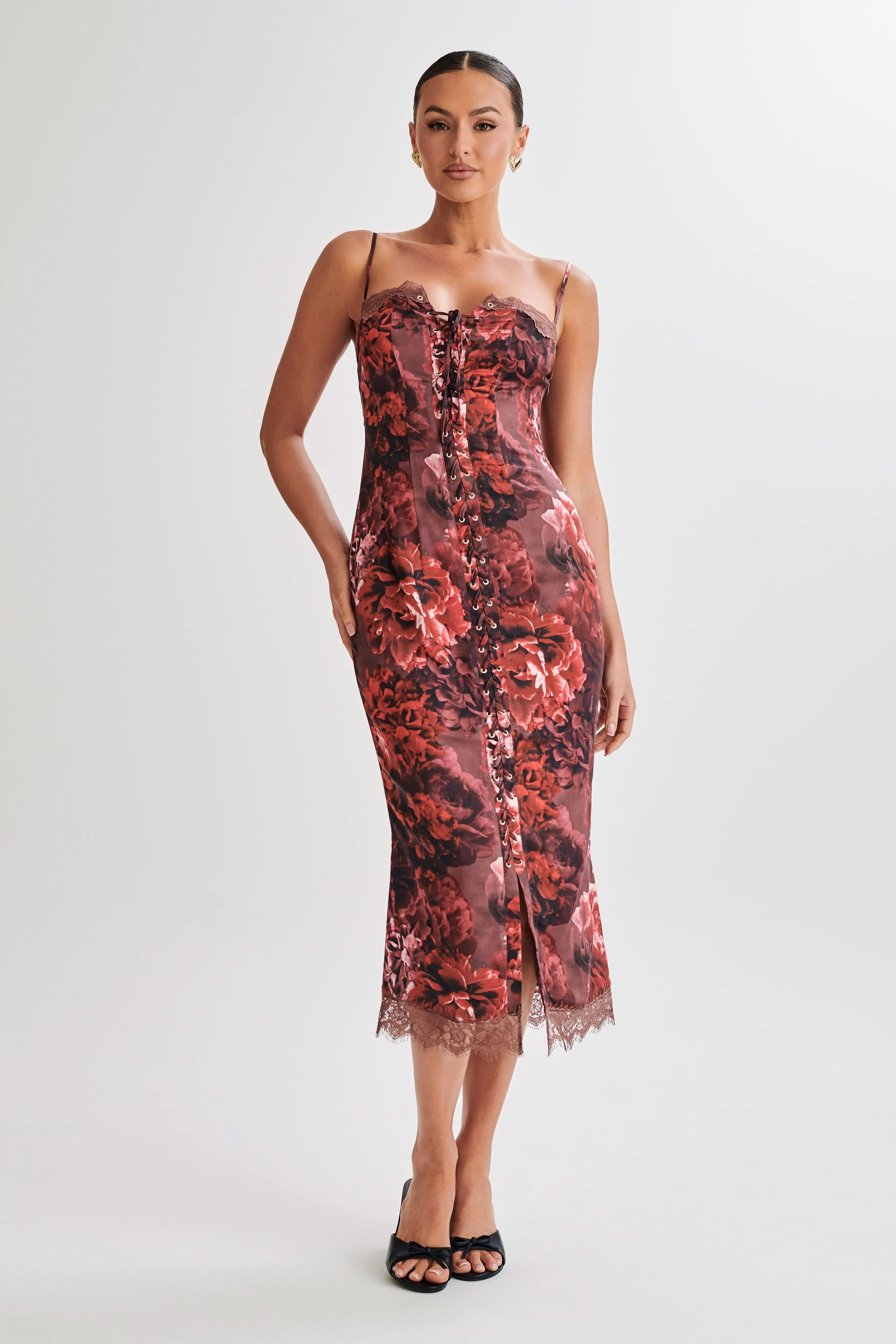 Makayla Midi Dress With Lace - Peony Print