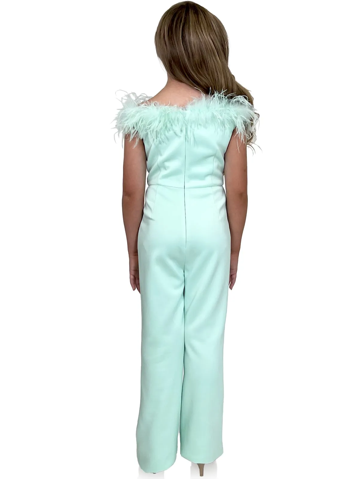 Marc Defang 8185K Girls Pageant Jumpsuit feather neckline off the shoulder