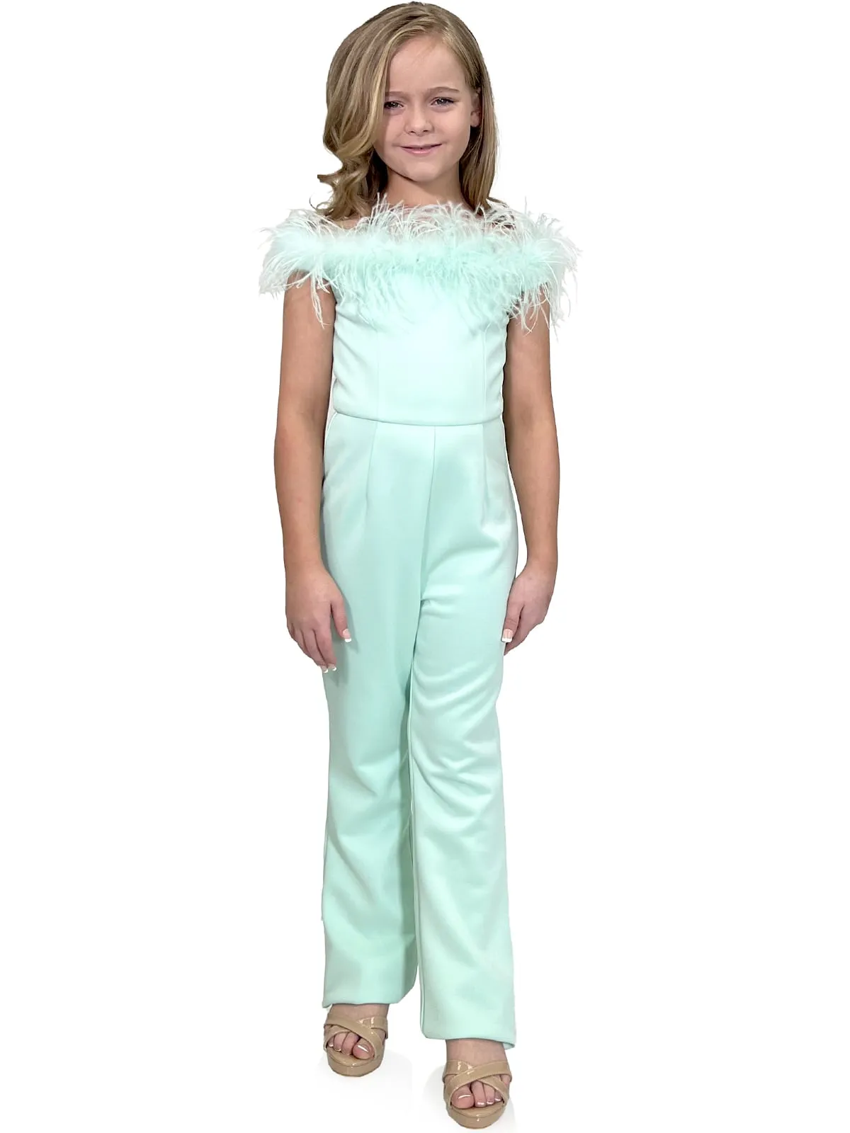 Marc Defang 8185K Girls Pageant Jumpsuit feather neckline off the shoulder