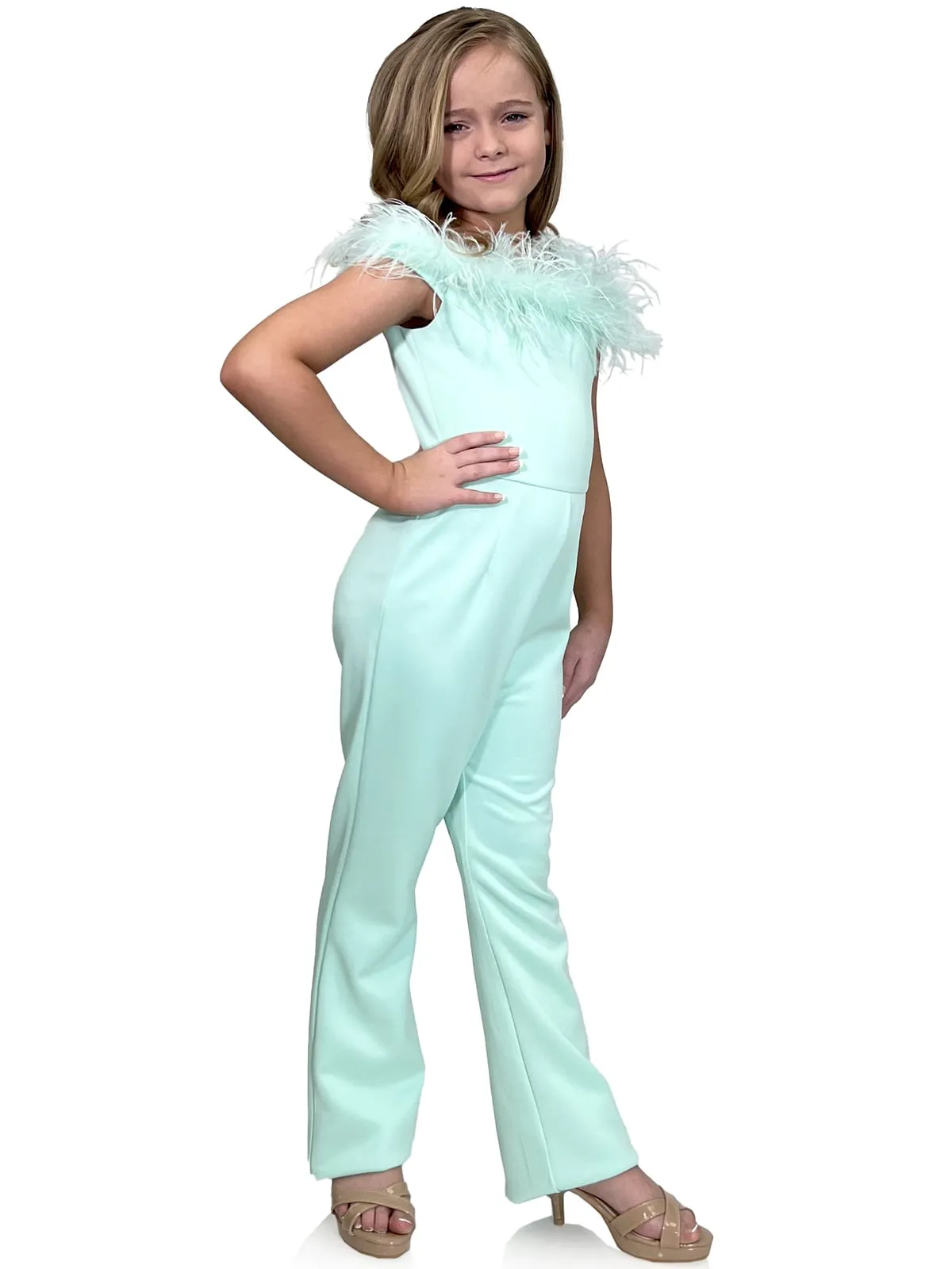 Marc Defang 8185K Girls Pageant Jumpsuit feather neckline off the shoulder