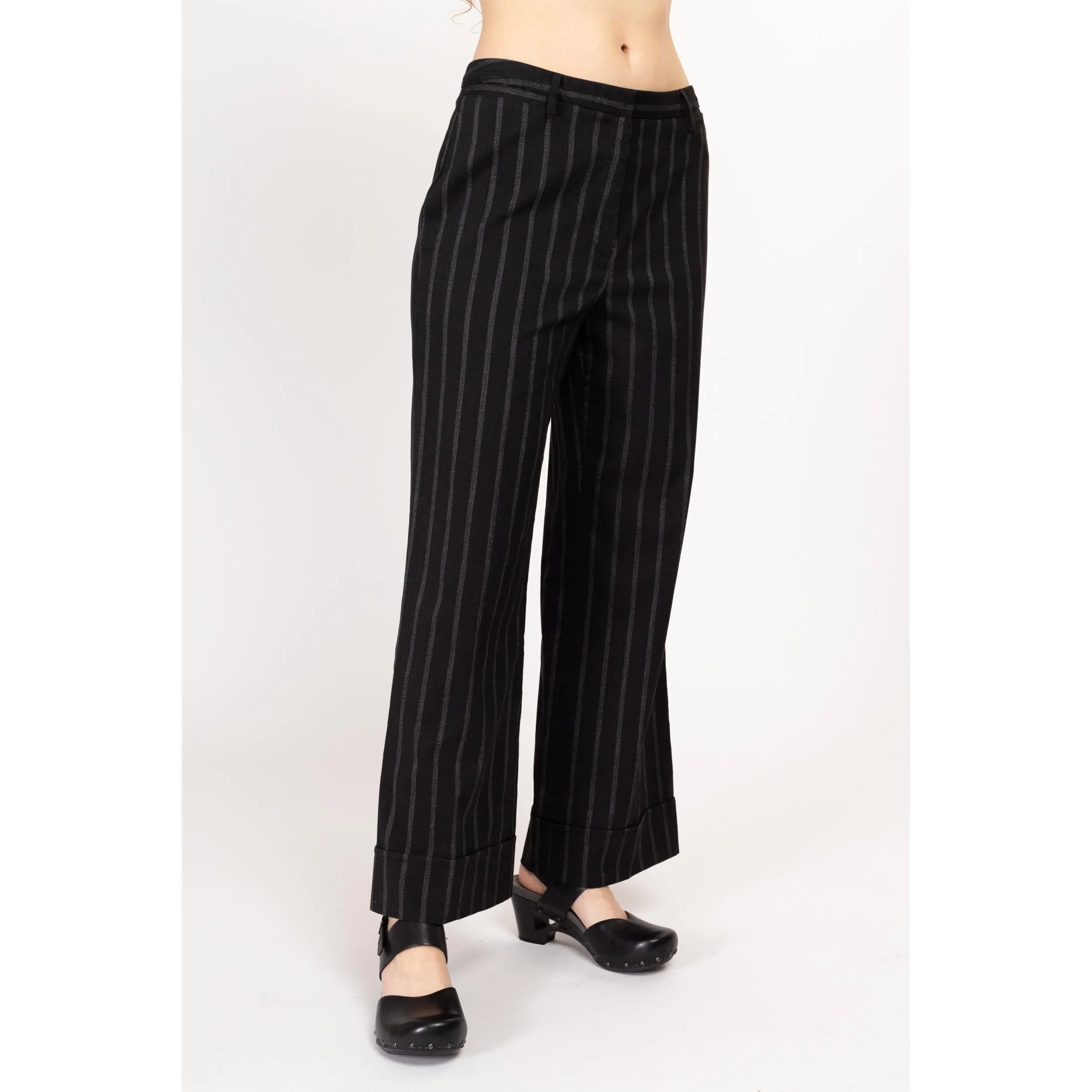 Medium 90s Black Striped Wide Leg Pants 30"