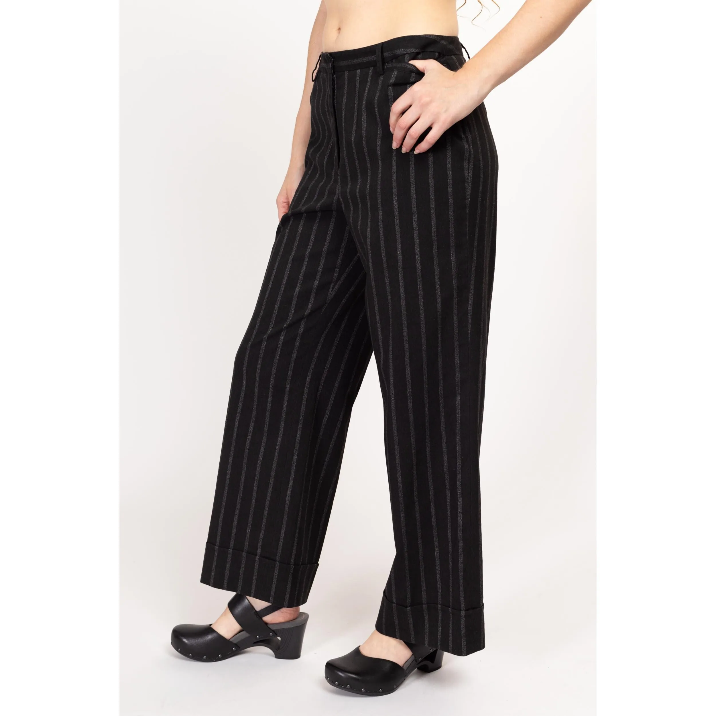 Medium 90s Black Striped Wide Leg Pants 30"