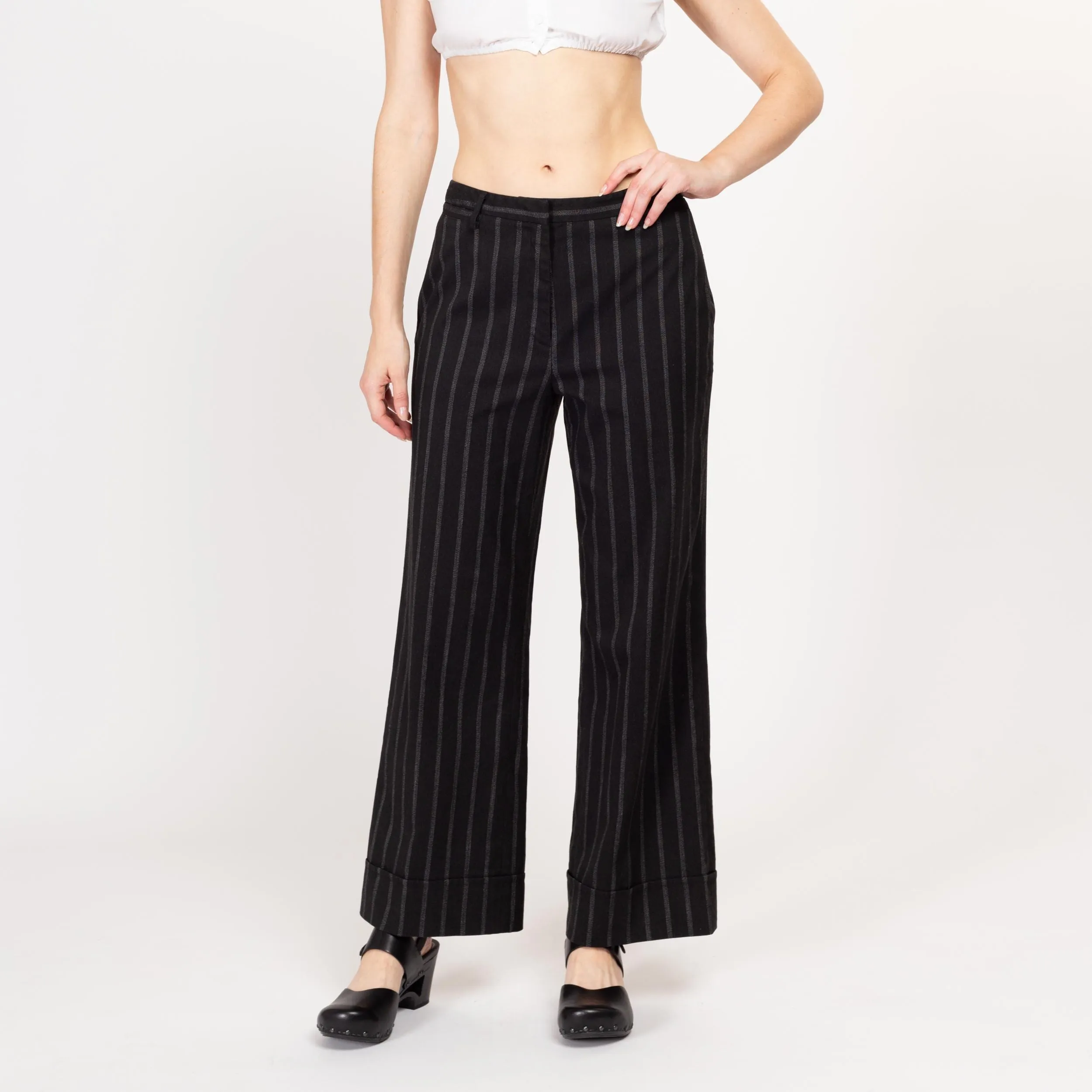 Medium 90s Black Striped Wide Leg Pants 30"