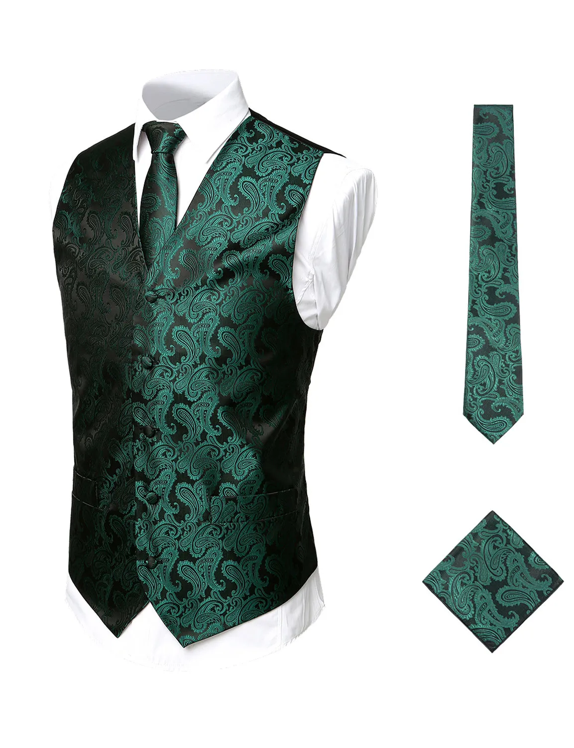 Men's 3pc Jacquard Paisley Vest & Tie Set Classic Necktie Pocket Square Waistcoat for Suit or Tuxedo