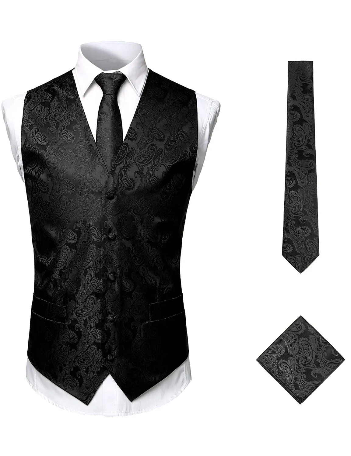 Men's 3pc Jacquard Paisley Vest & Tie Set Classic Necktie Pocket Square Waistcoat for Suit or Tuxedo