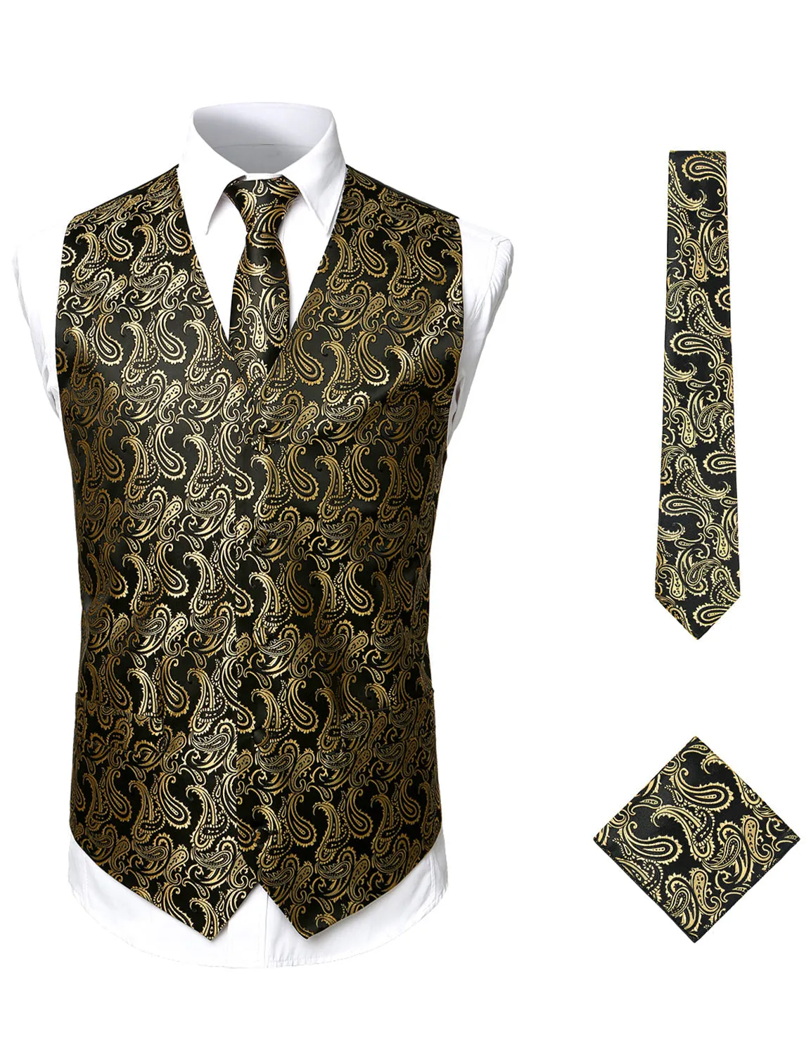 Men's 3pc Jacquard Paisley Vest & Tie Set Classic Necktie Pocket Square Waistcoat for Suit or Tuxedo