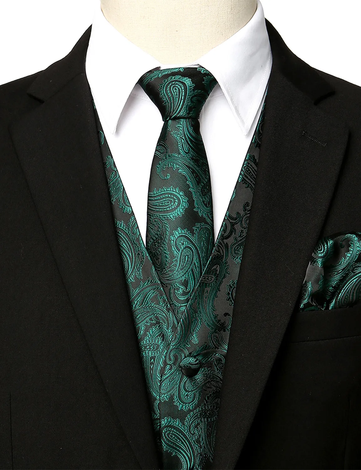 Men's 3pc Jacquard Paisley Vest & Tie Set Classic Necktie Pocket Square Waistcoat for Suit or Tuxedo