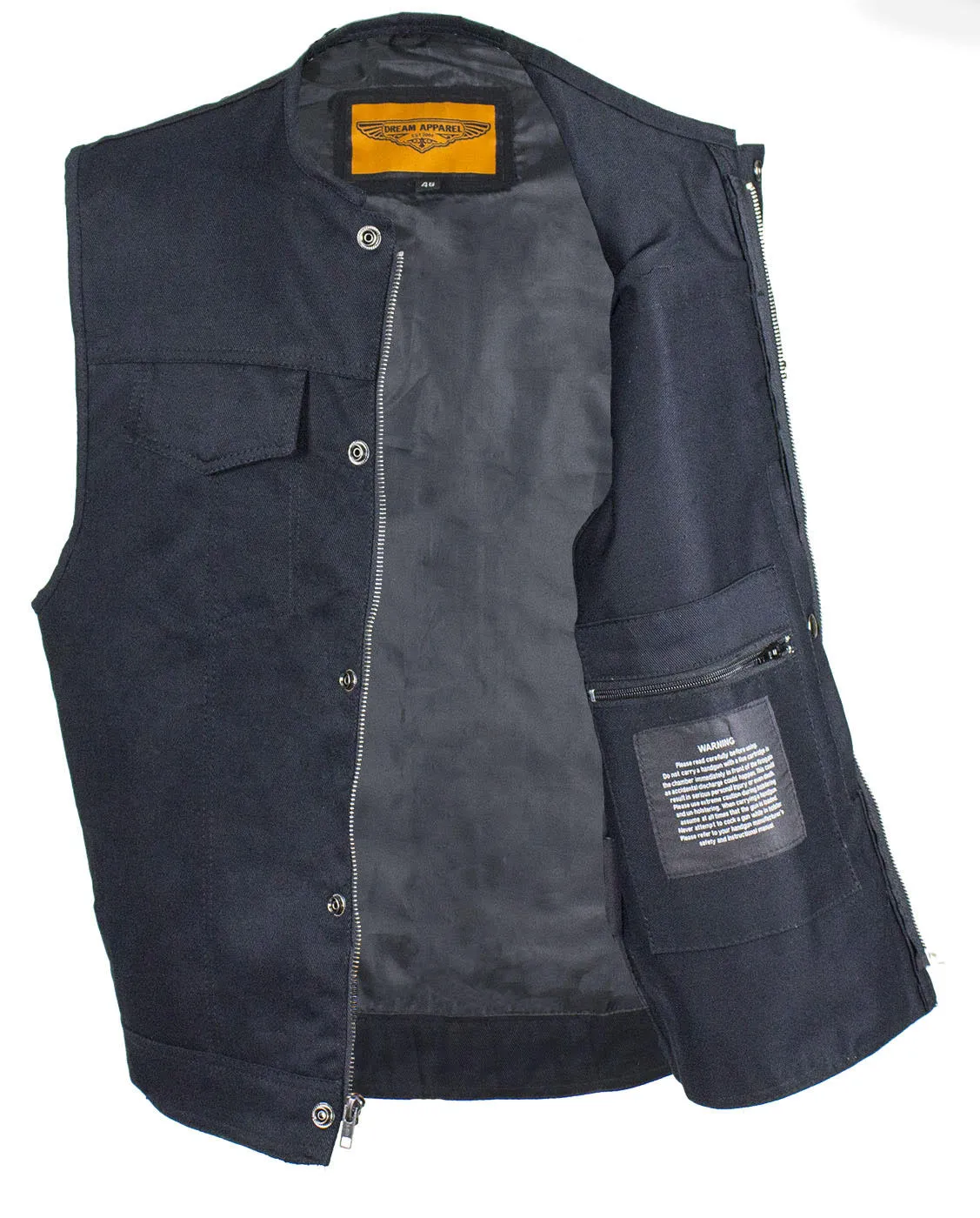 Men's Black Denim Gun Pocket Club Vest, Conceal Carry Gun Pockets