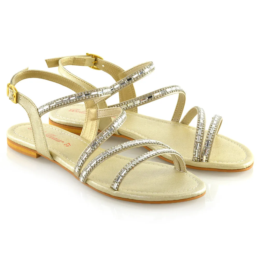 MERCEDES FLAT SOLE MIRROR DETAIL BUCKLE STRAPPY DIAMANTE SANDALS IN GOLD