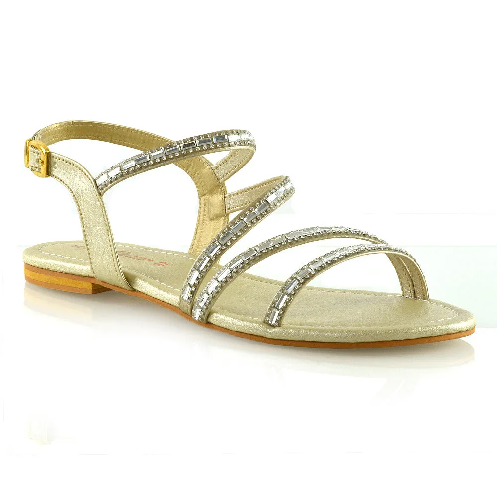 MERCEDES FLAT SOLE MIRROR DETAIL BUCKLE STRAPPY DIAMANTE SANDALS IN GOLD