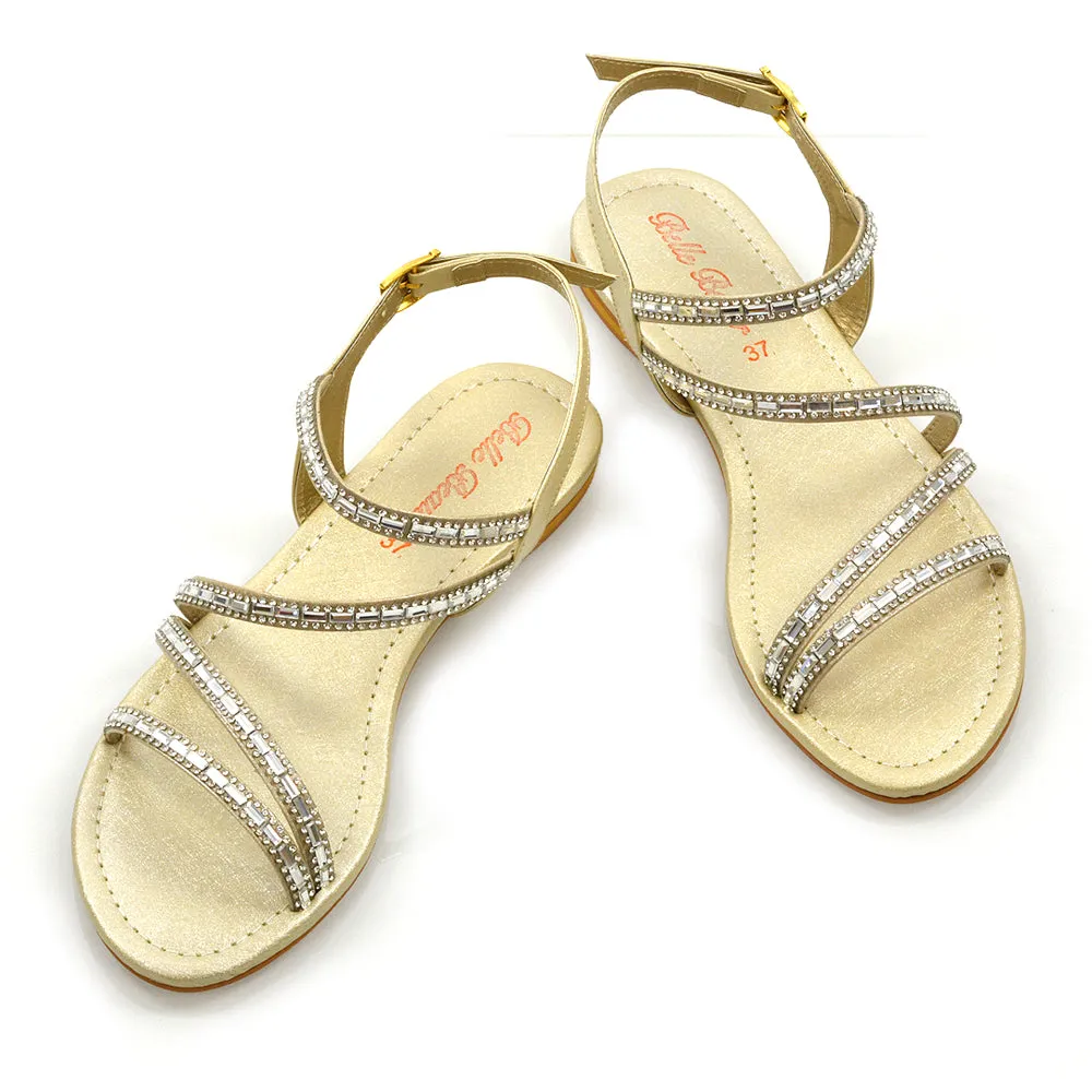 MERCEDES FLAT SOLE MIRROR DETAIL BUCKLE STRAPPY DIAMANTE SANDALS IN GOLD