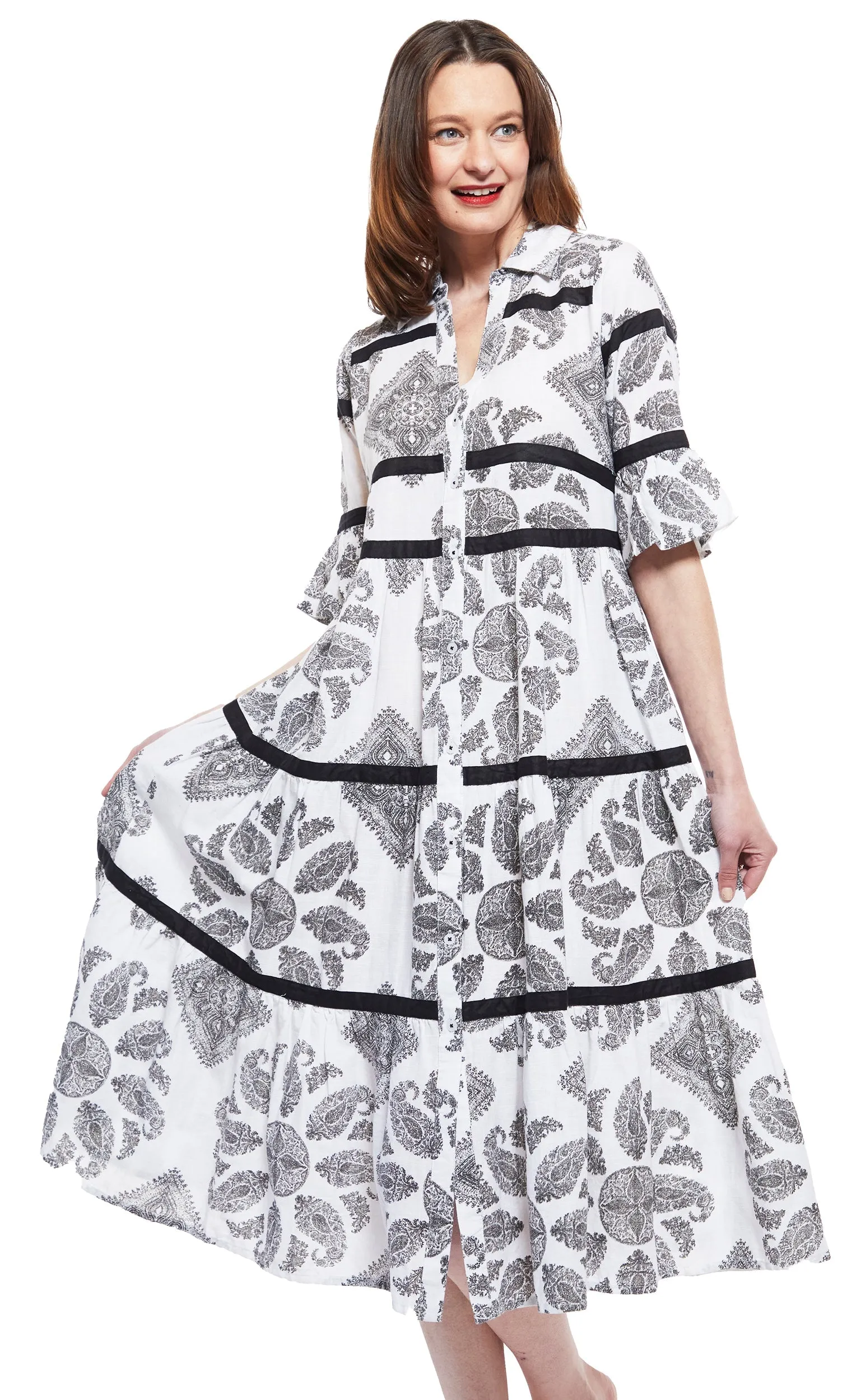 Miami Style Midi with Flounce And Black Ribbons Black White Paisley