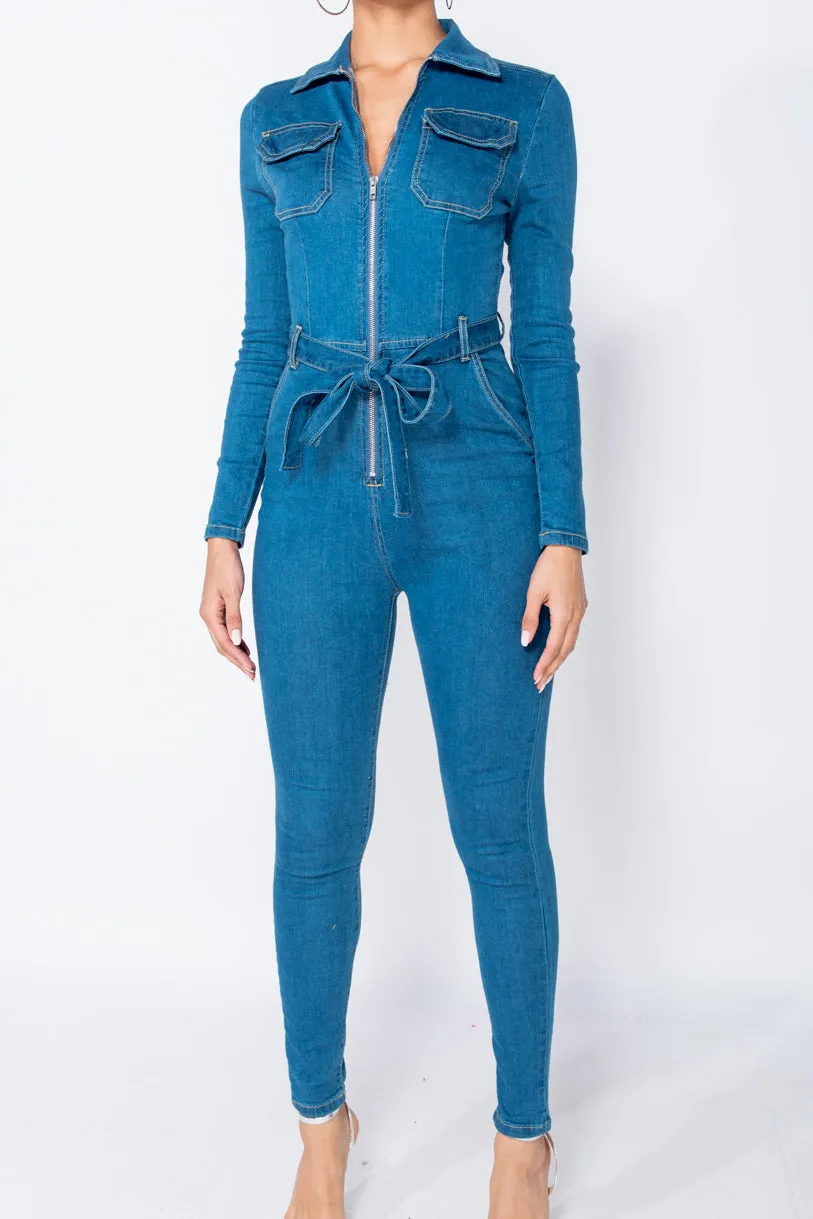 Mid Blue Denim Zip Front Tie Waist Long Sleeve Jumpsuit