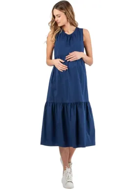 Midi Maternity Dress with Flounces and Cord with Pearls - Blue