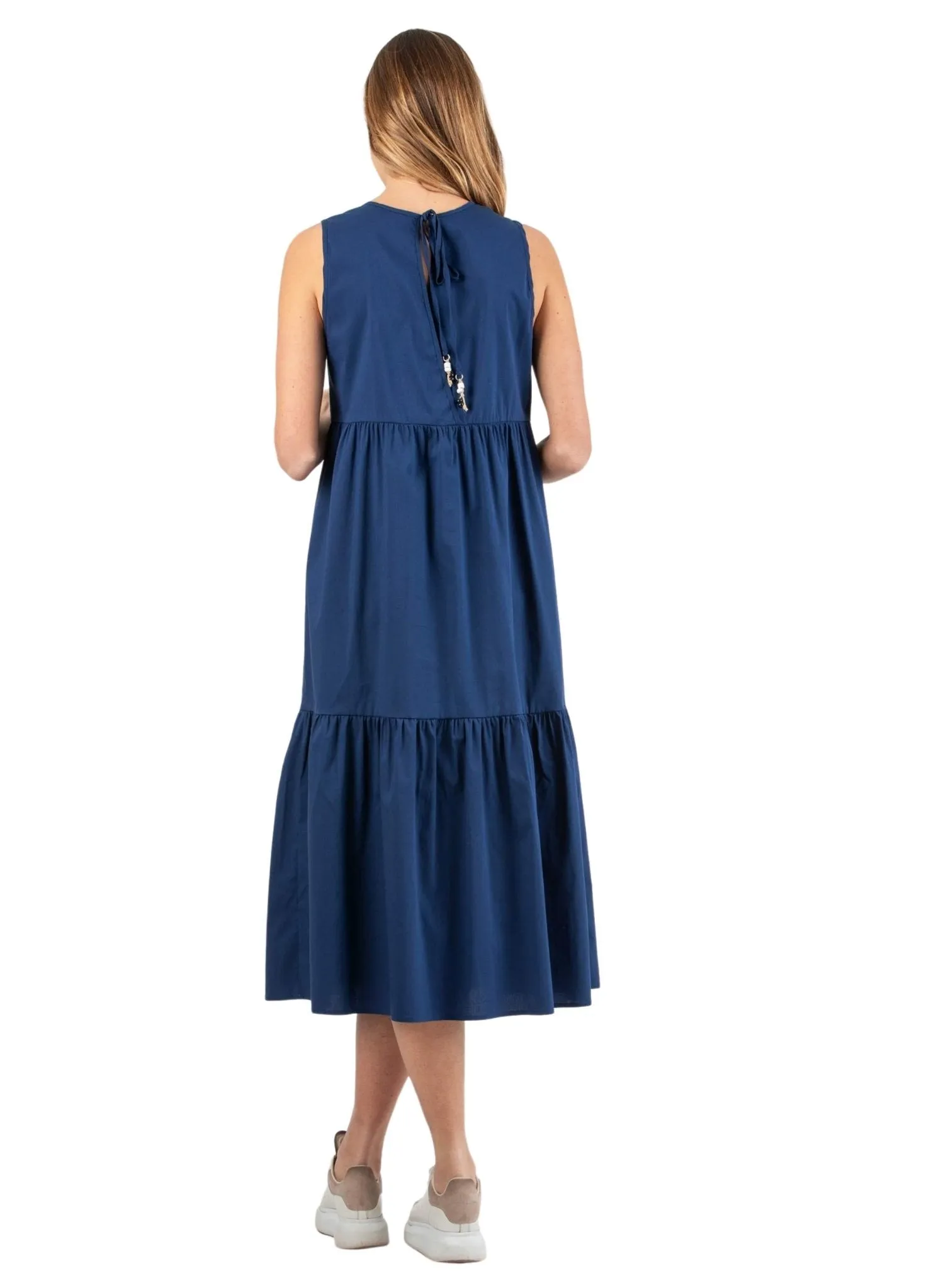 Midi Maternity Dress with Flounces and Cord with Pearls - Blue