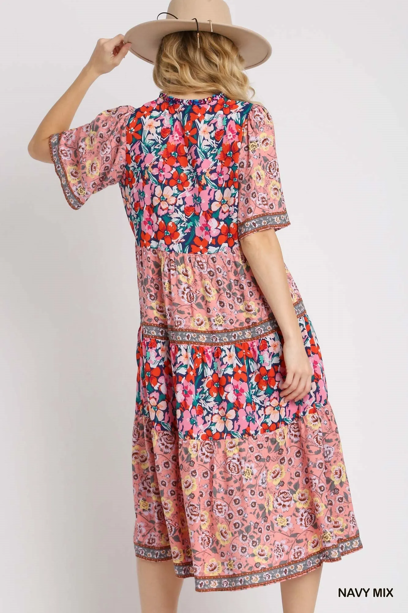 Mixed Floral Print Tiered Dress, Navy