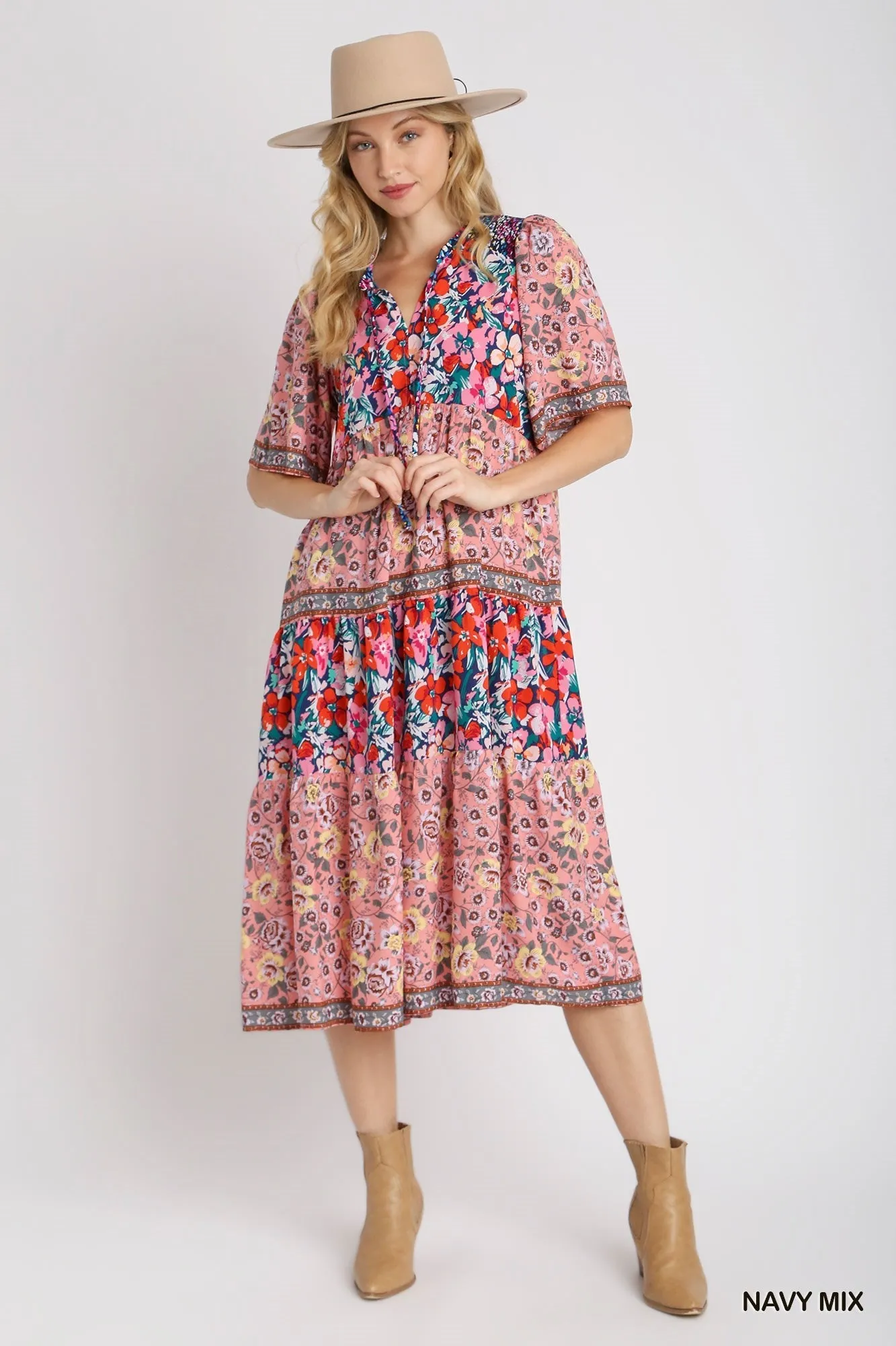 Mixed Floral Print Tiered Dress, Navy