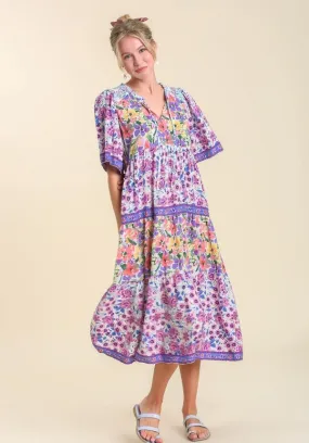 Mixed Floral Print Tiered Dress, Violet