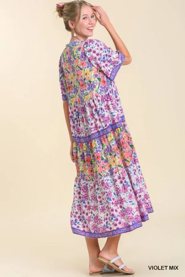 Mixed Floral Print Tiered Dress, Violet