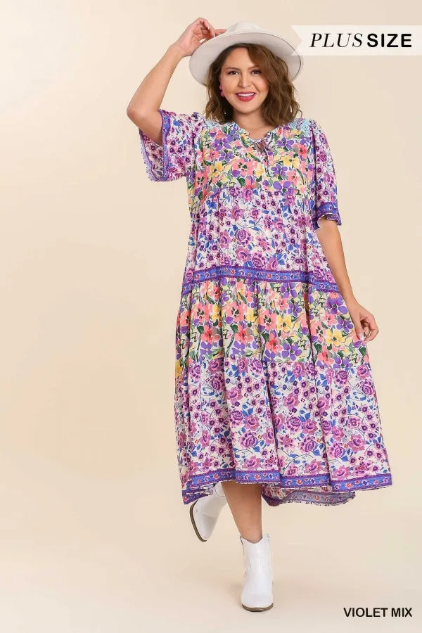 Mixed Floral Print Tiered Dress, Violet