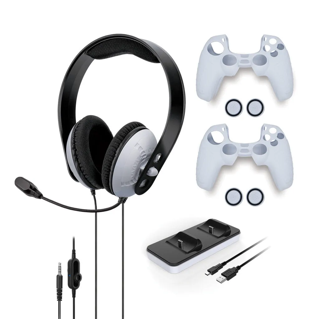 Mobilesteri Premium Starter Kit: Dual Charging Station for Controllers, Stereo Gaming Headset, Silicone Rubber Covers