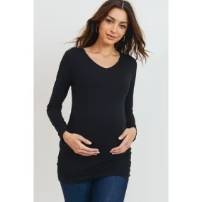 Modal Jersey V-Neck Basic Long Sleeve Shirt - Black