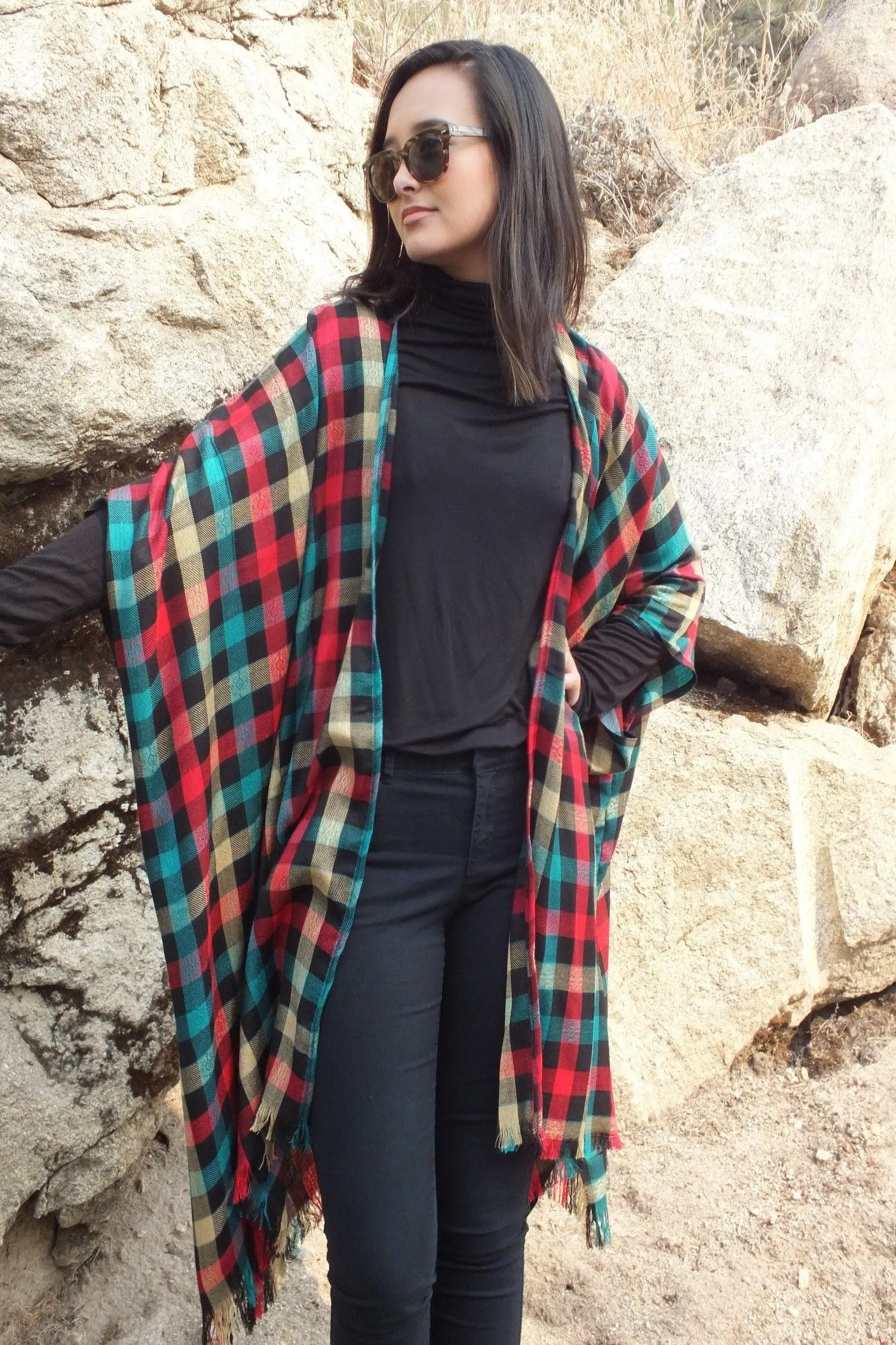 Multi Color Checkered Print Oversized Caftan Kimono Top