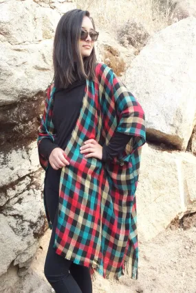 Multi Color Checkered Print Oversized Caftan Kimono Top