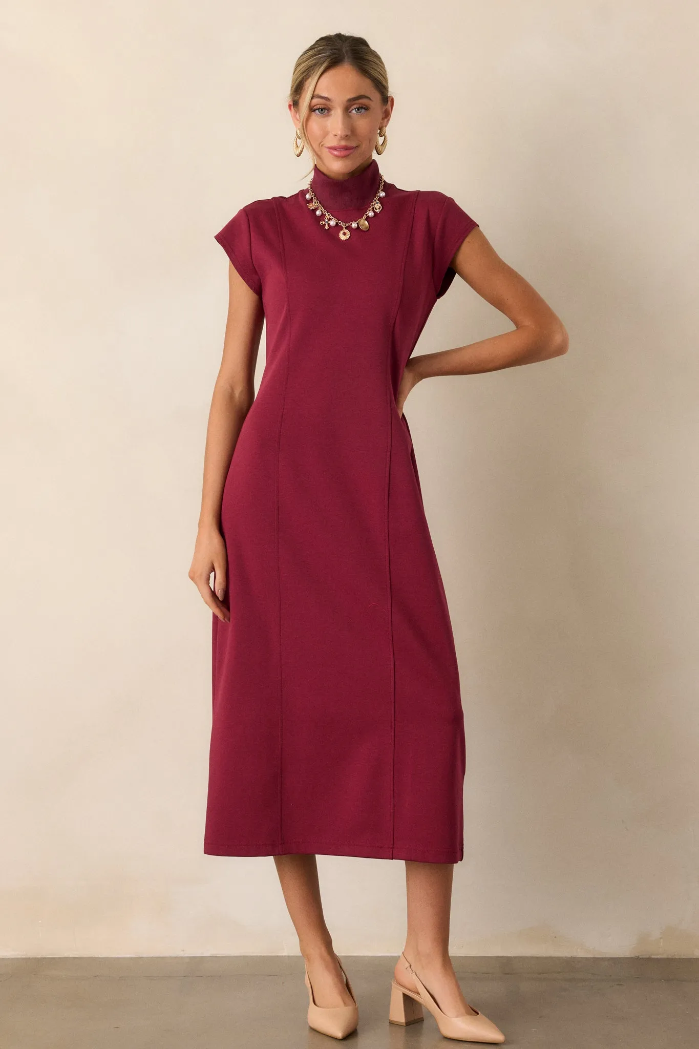 My Lifestyle Burgundy Mock Neck Midi Dress