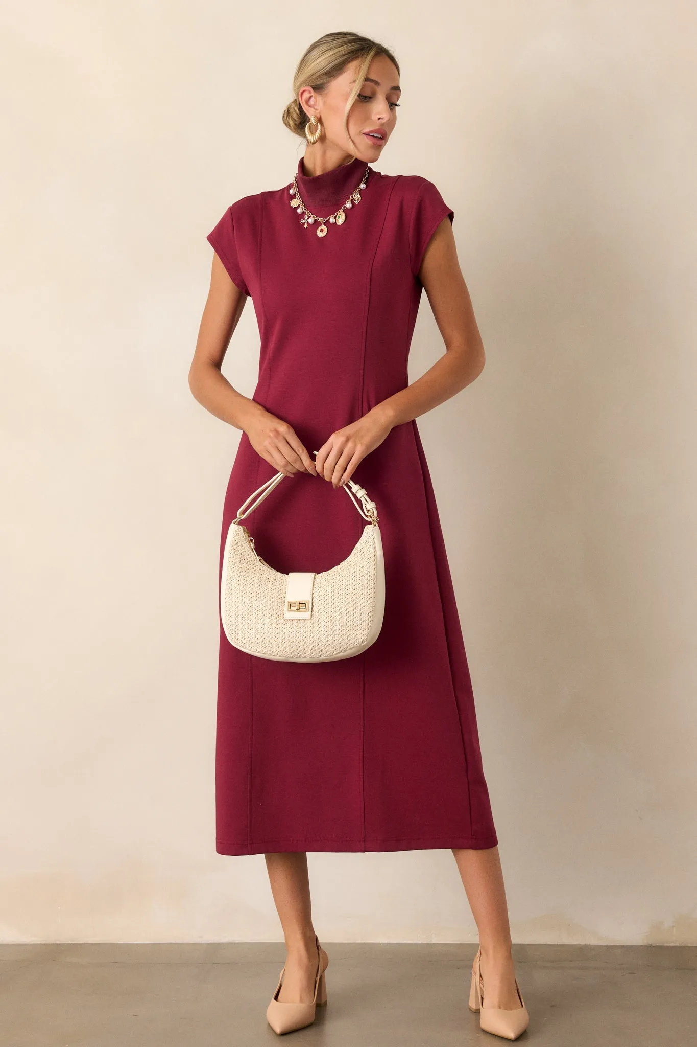 My Lifestyle Burgundy Mock Neck Midi Dress