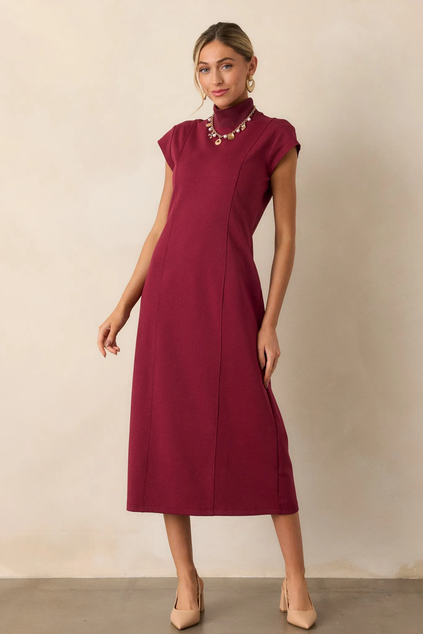 My Lifestyle Burgundy Mock Neck Midi Dress