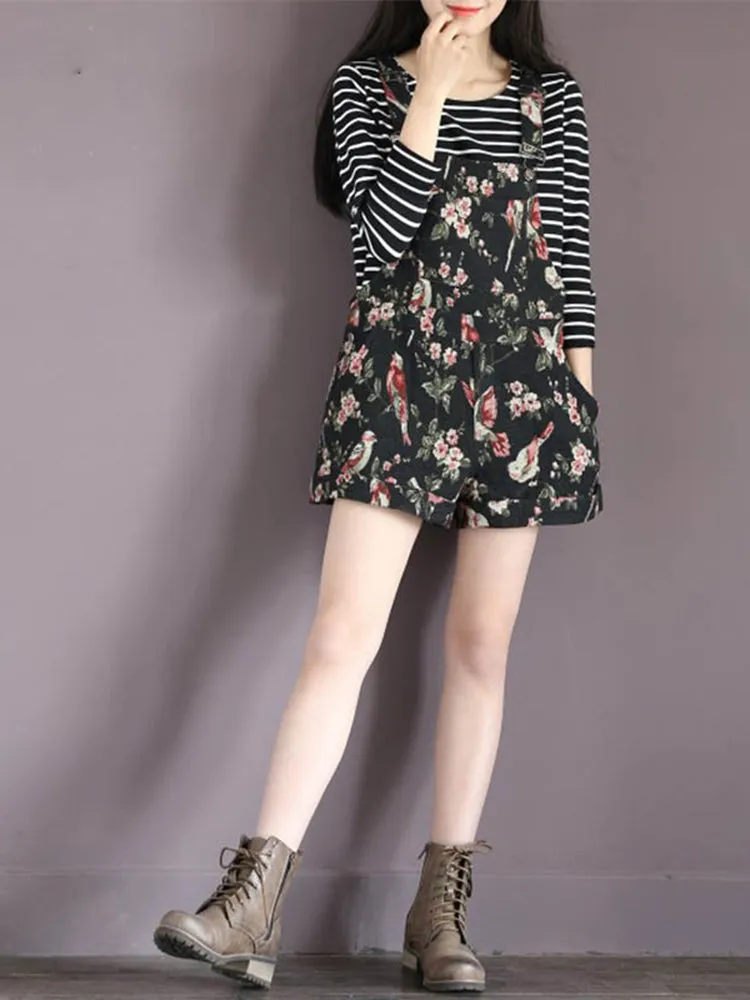 Navy Casual Floral Printed Overall Shorts For Women