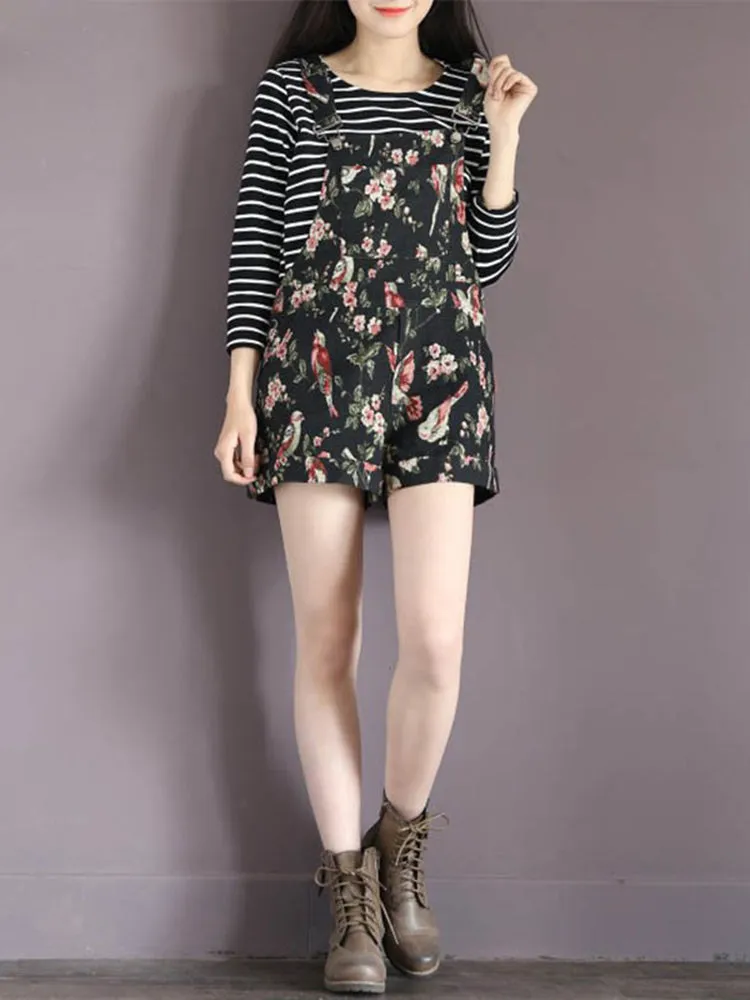 Navy Casual Floral Printed Overall Shorts For Women