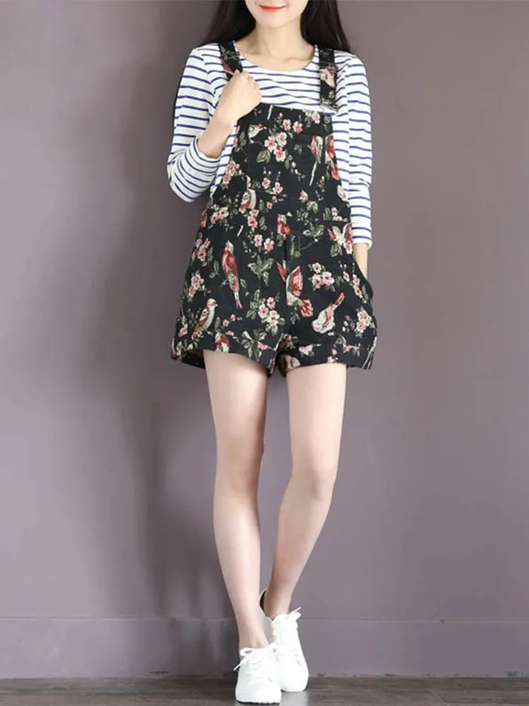 Navy Casual Floral Printed Overall Shorts For Women