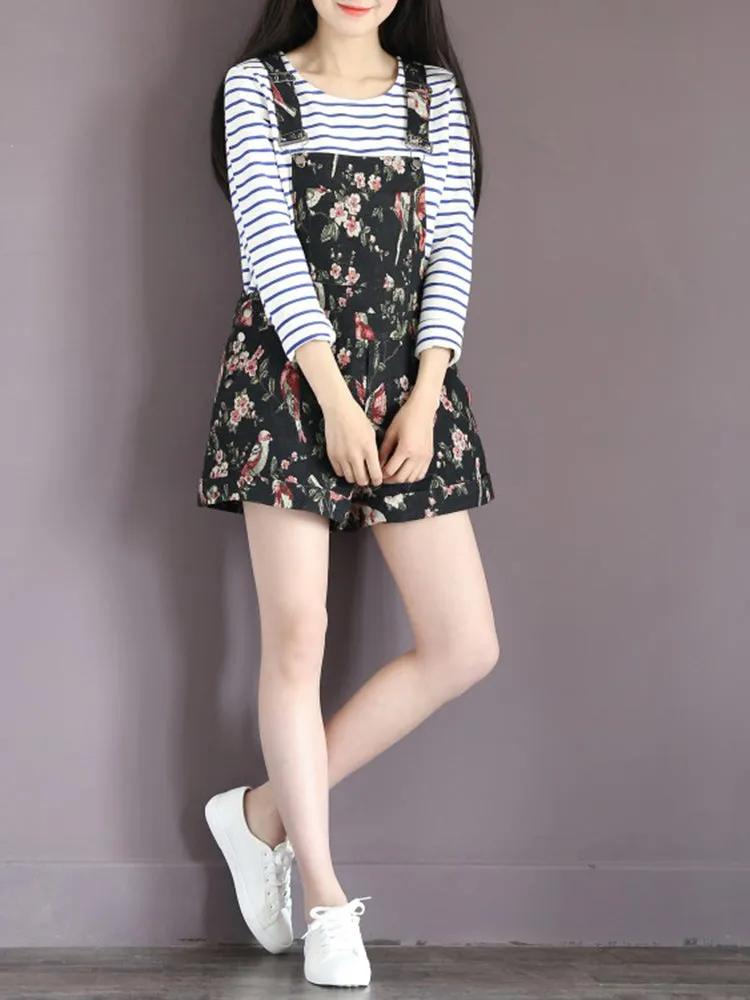 Navy Casual Floral Printed Overall Shorts For Women