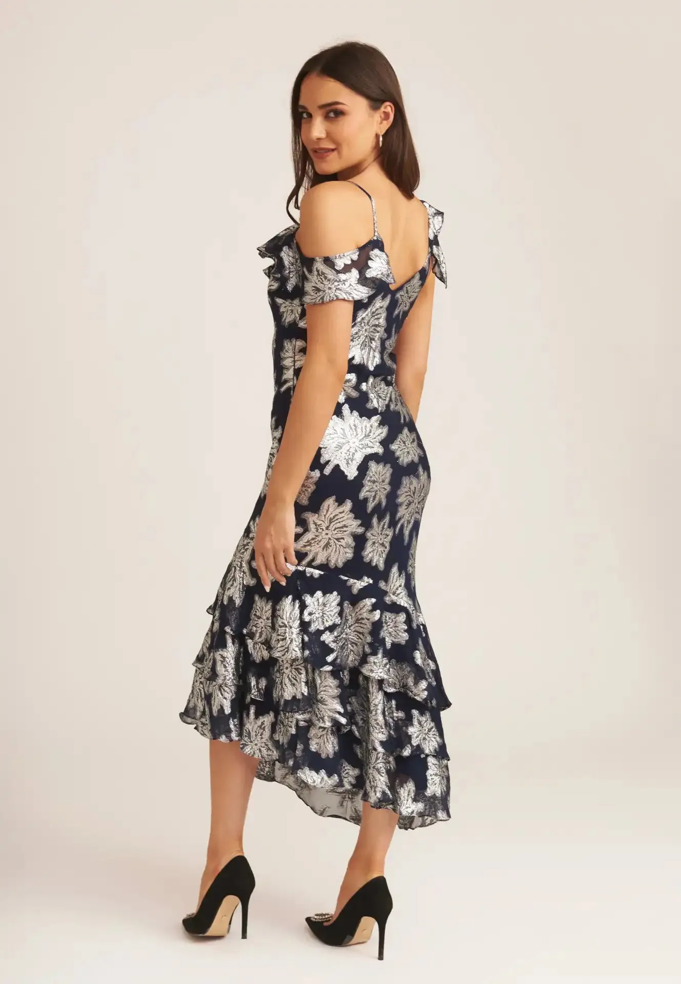 Navy Floral Clipped Tiered Ruffle Midi Dress