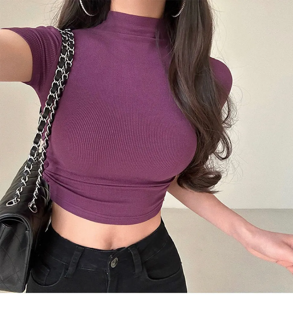 Norma Solid Color Short Sleeve Turtleneck Slim Cropped Top