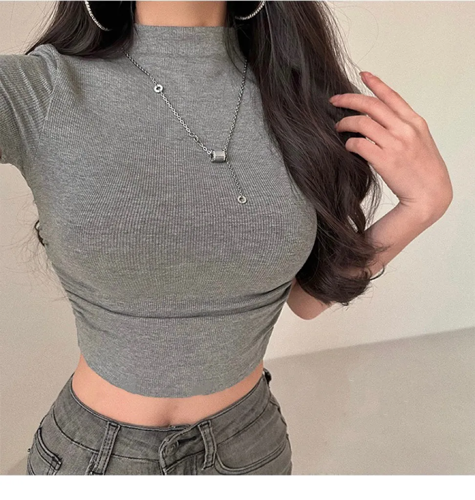 Norma Solid Color Short Sleeve Turtleneck Slim Cropped Top