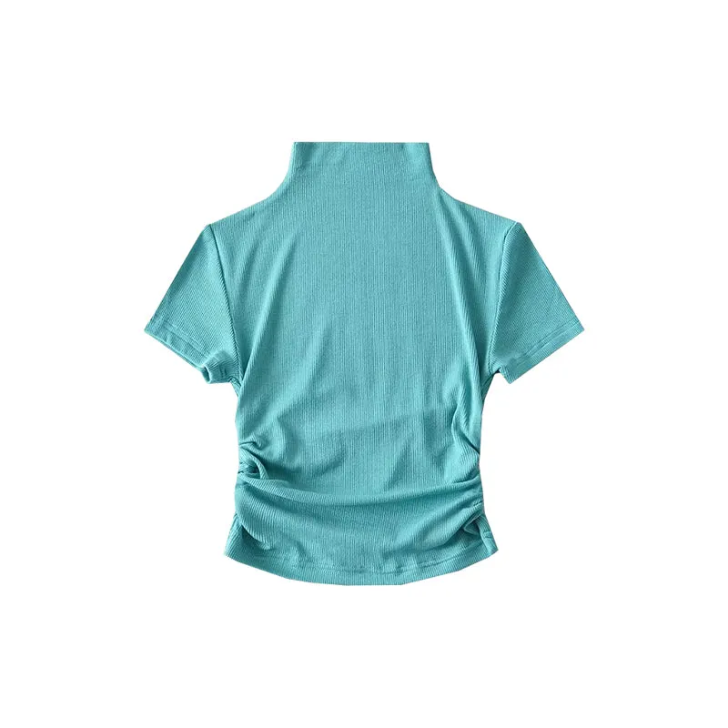 Norma Solid Color Short Sleeve Turtleneck Slim Cropped Top