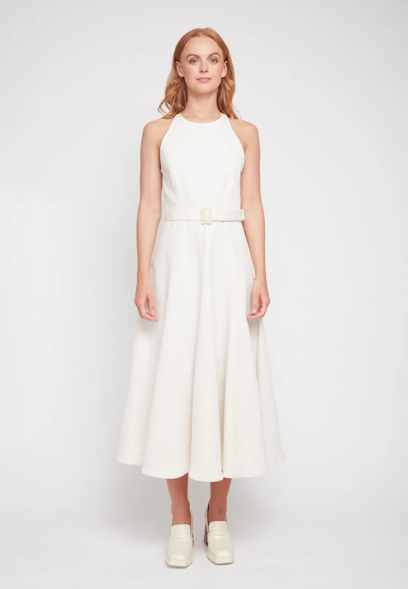 ODE off-white midi denim dress with godet skirt