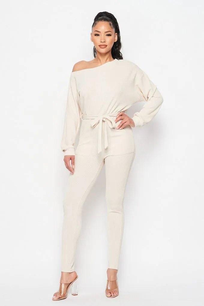 Off Shoulder Waist Tie Long Sleeve Jumpsuit