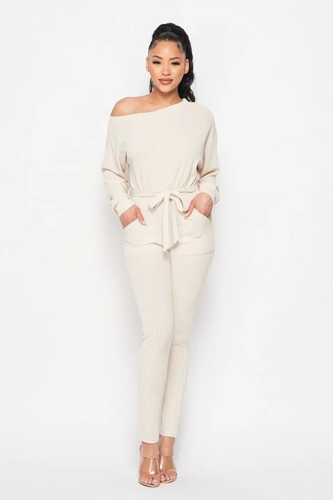 Off Shoulder Waist Tie Long Sleeve Jumpsuit