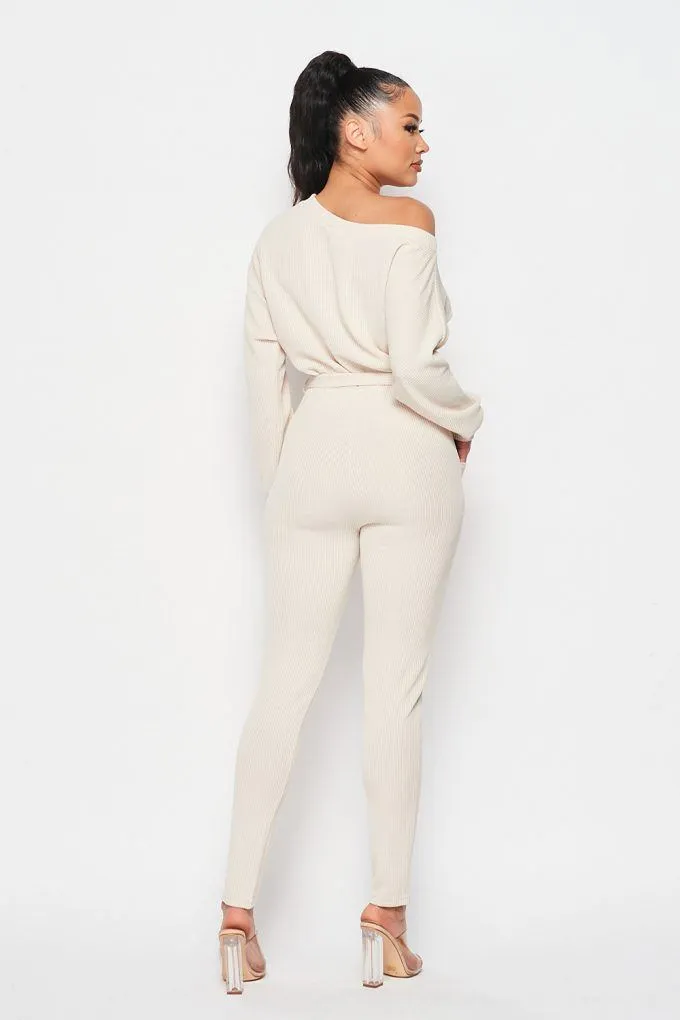 Off Shoulder Waist Tie Long Sleeve Jumpsuit