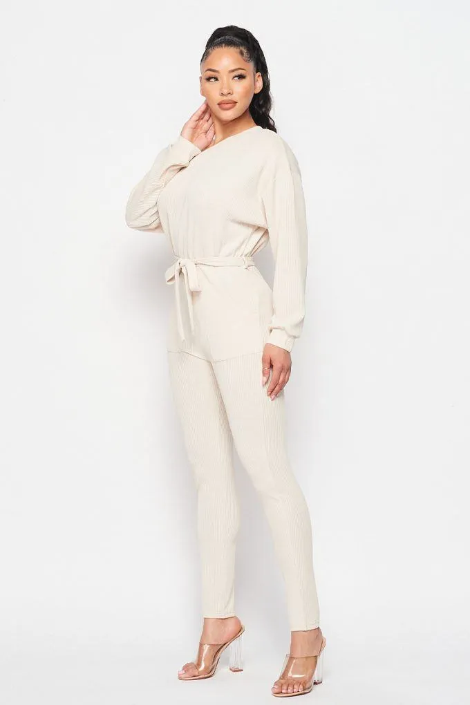 Off Shoulder Waist Tie Long Sleeve Jumpsuit