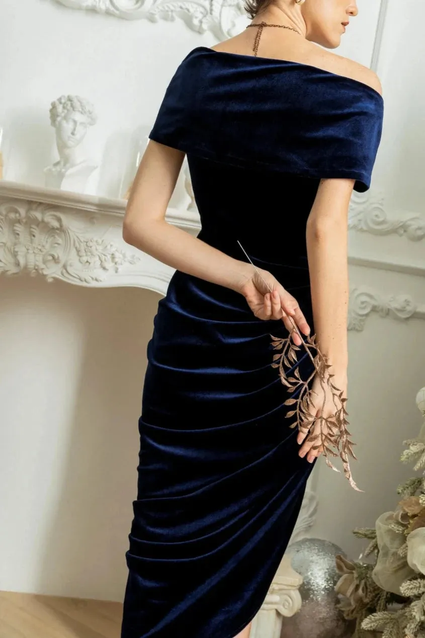 One Shoulder Velvet Formal Dress Wedding Guest Dress Bridesmaid Dress Midi Dress Elegant Dress